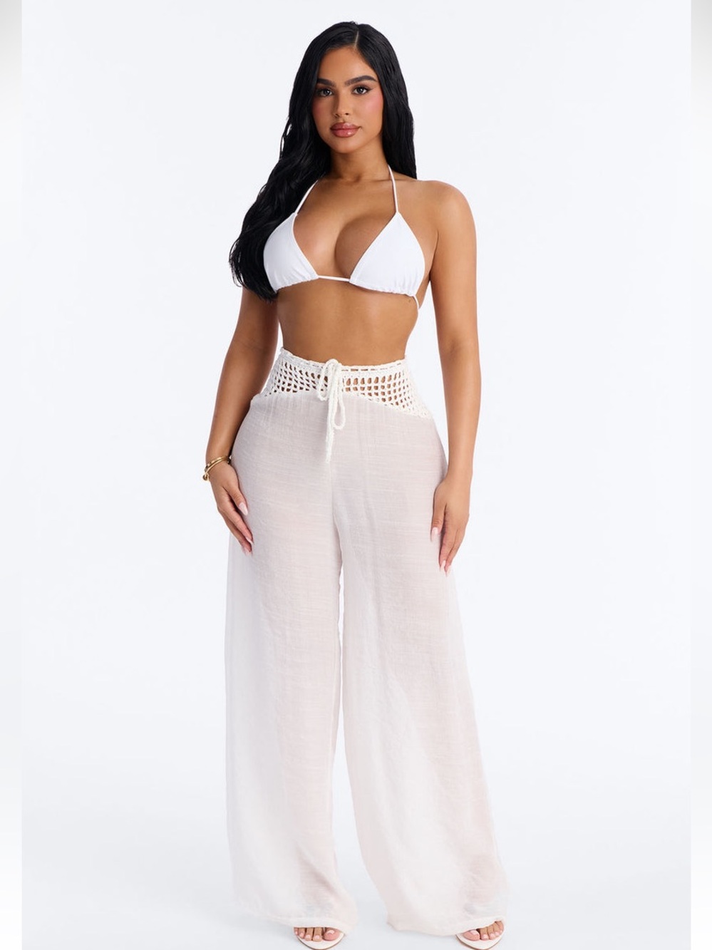 Linen Swim Coverup Pants Crochet Detail - White